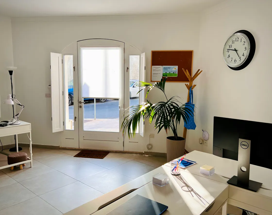 Daylight entering a small office with a desk and plants
