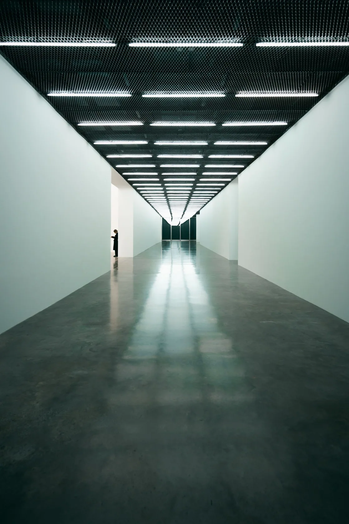 An empty white-walled gallery corridor, not verified Bellwether premises