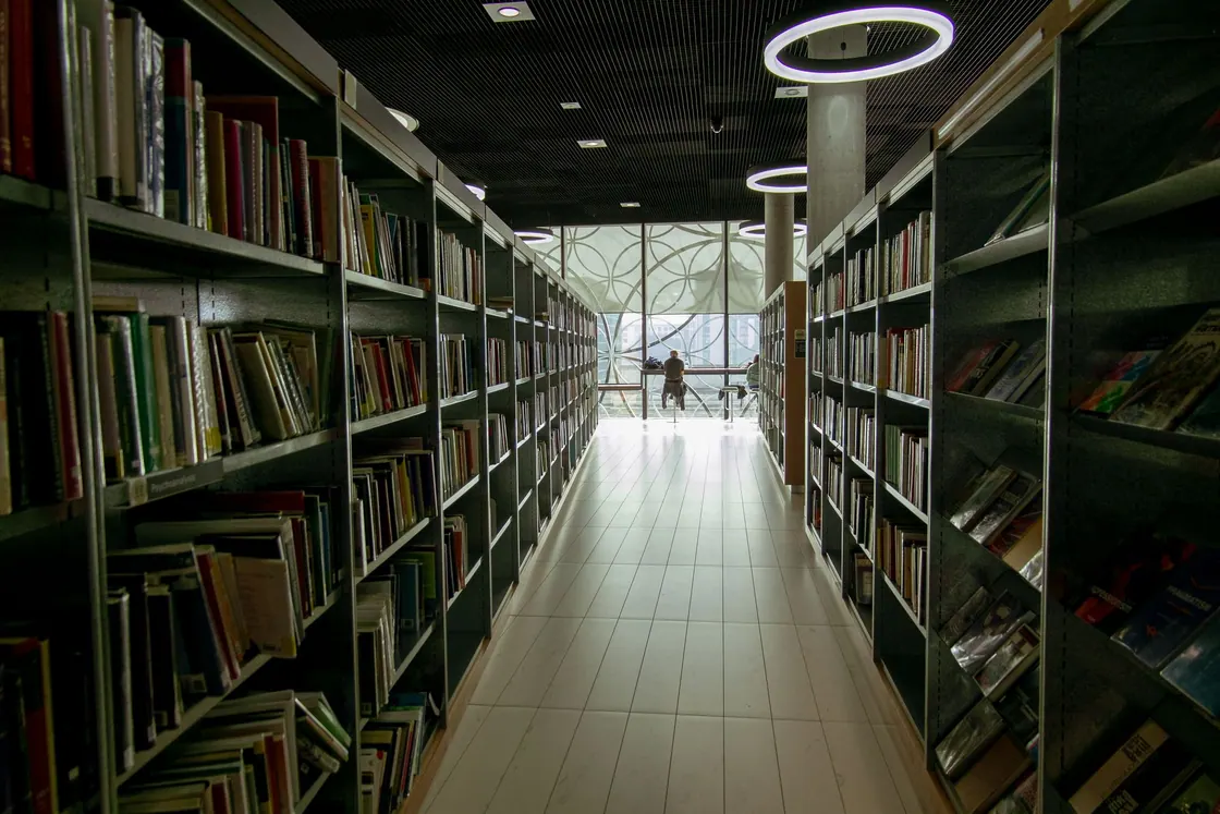 Library shelves opening towards a bright reading space