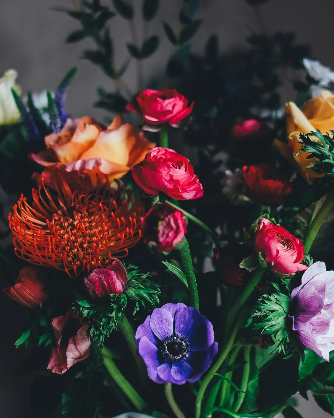 A close view of rich red, pink and orange flowers with foliage