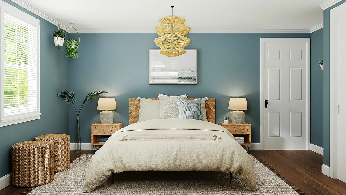 Bedroom with blue walls, a beige bed, timber bedside tables and a woven pendant