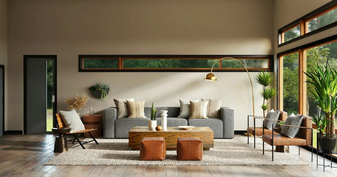 Grey sofa and low wooden table in a living space with long timber-framed windows