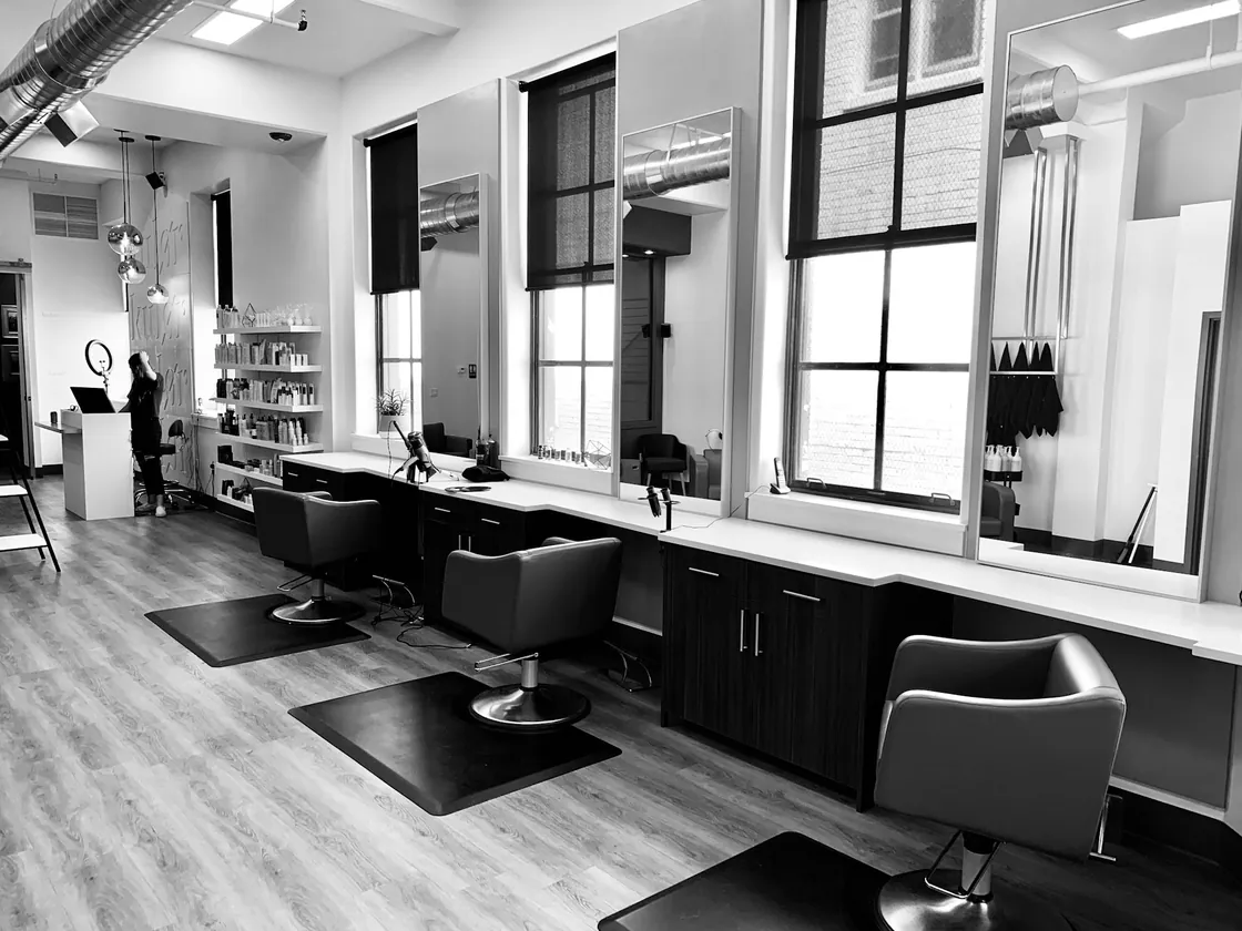 Styling stations and chairs in a hair salon