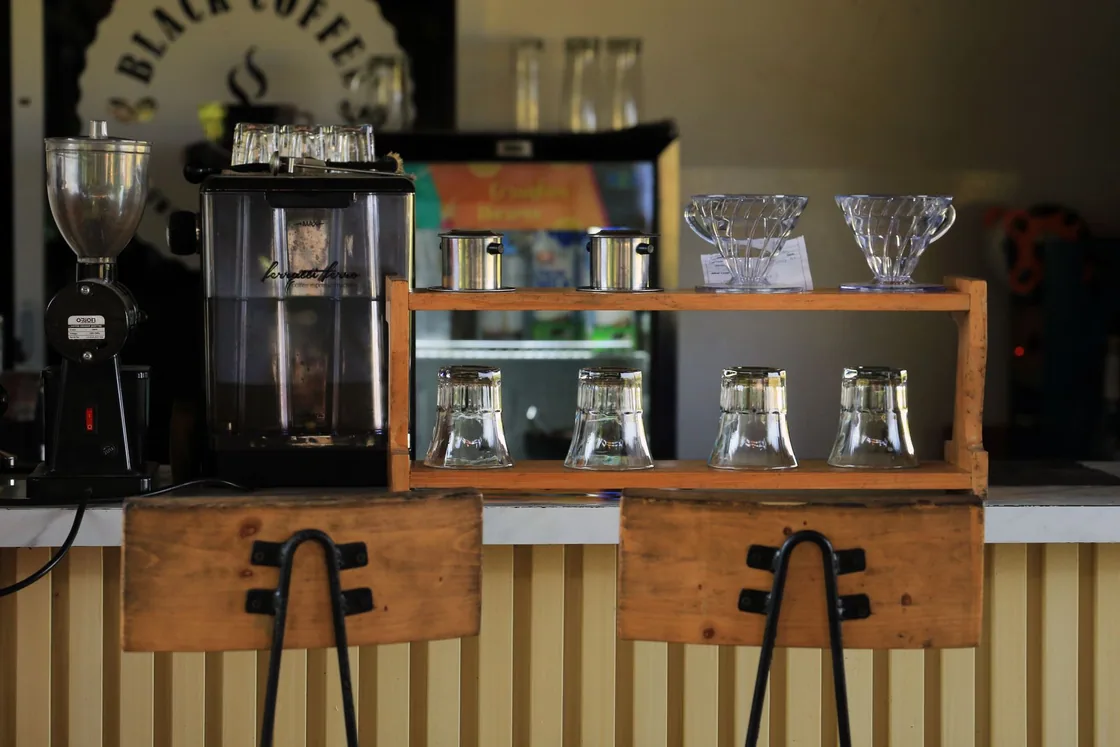 Coffee equipment and seating in a separate café setting
