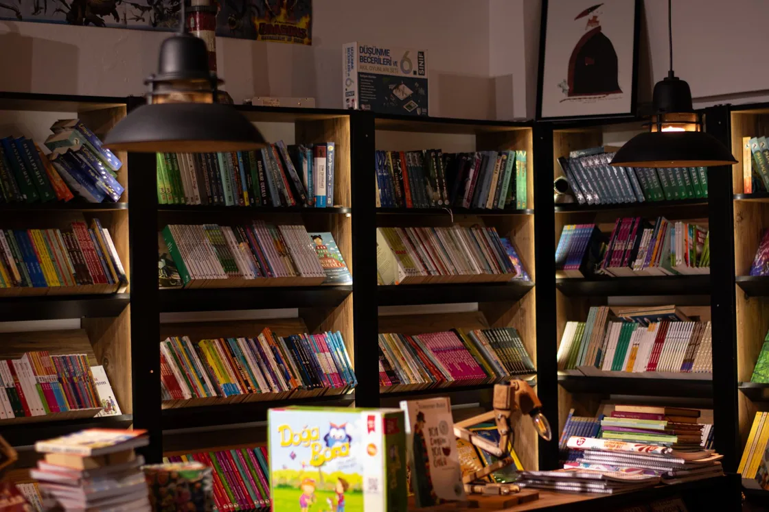 Illuminated shelves of books in a separate bookshop setting