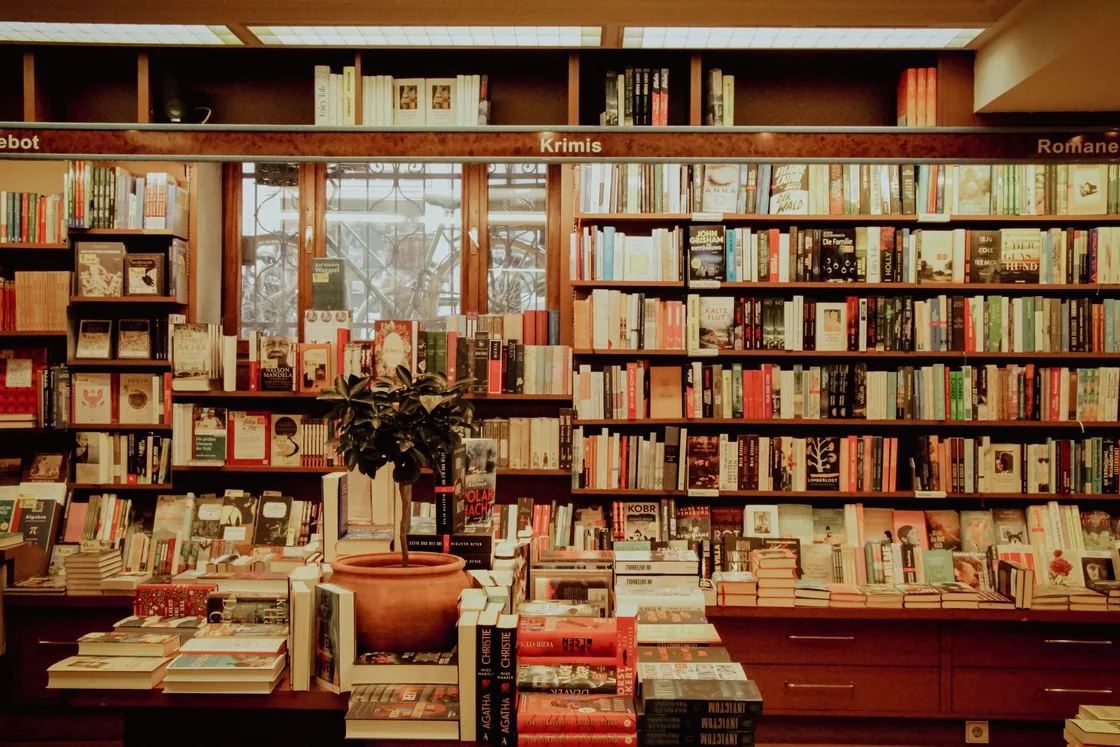A warm bookshop interior with shelves of books