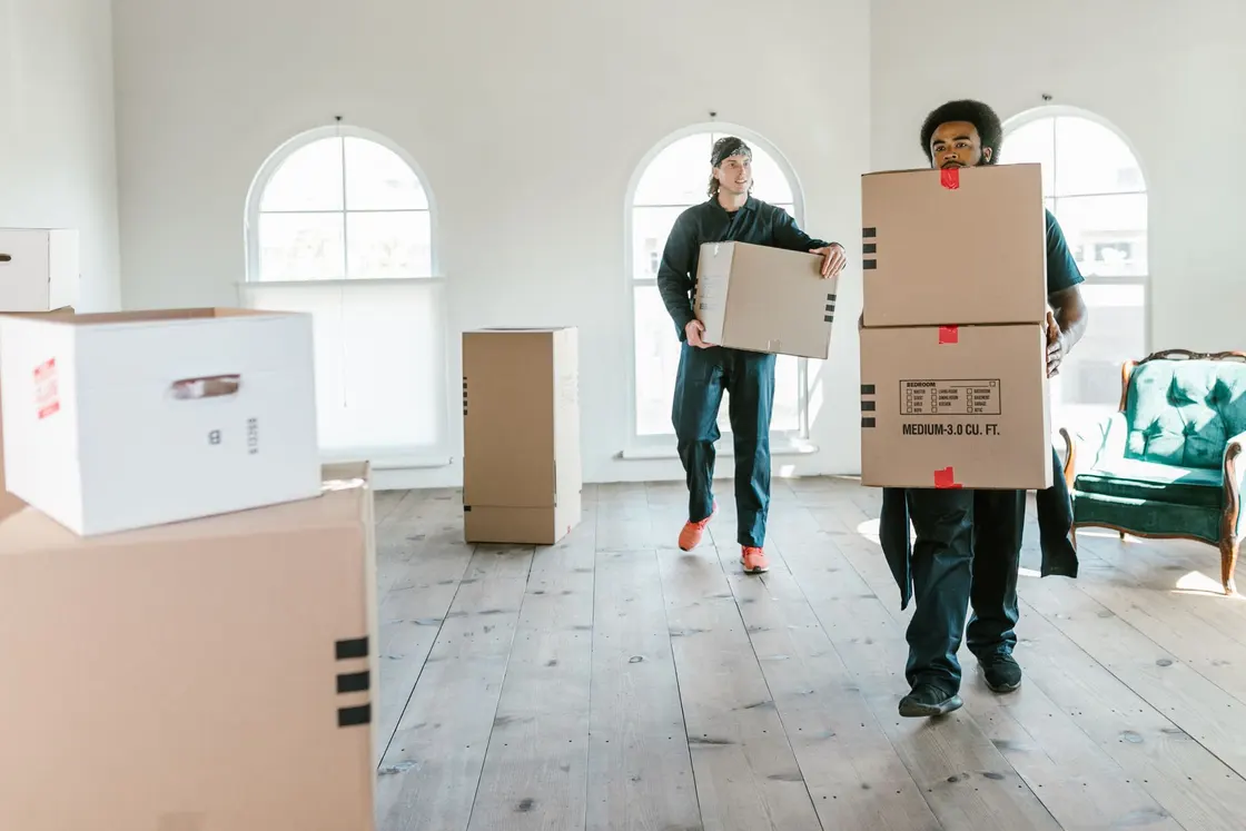 Two movers carrying boxed belongings into a sunlit home